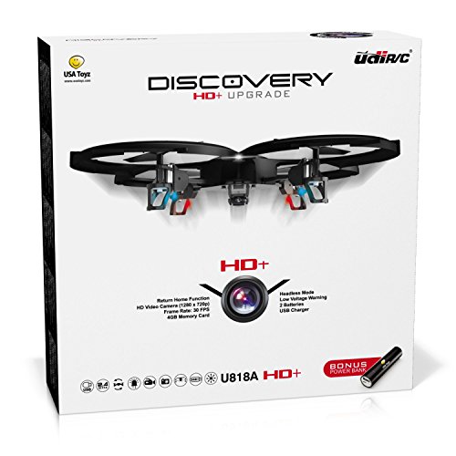 UDI 818A HD+ RC Quadcopter Drone with HD Camera and Headless Mode - 2.4GHz 4 CH 6 Axis Gyro RTF - Includes BONUS BATTERY + POWER BANK Quadruples Flying Time