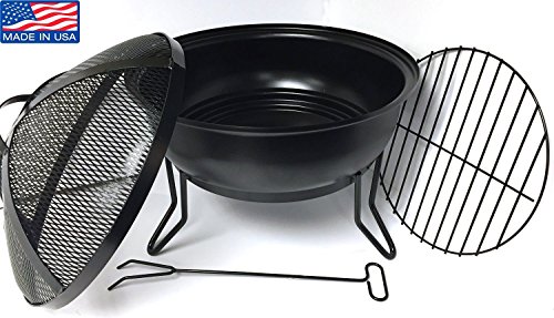 Made in USA - Heavy Gauge Steel Fire Bowl with Fire Screen, Grate + Fire Poker - Willard & May Outdoor Living