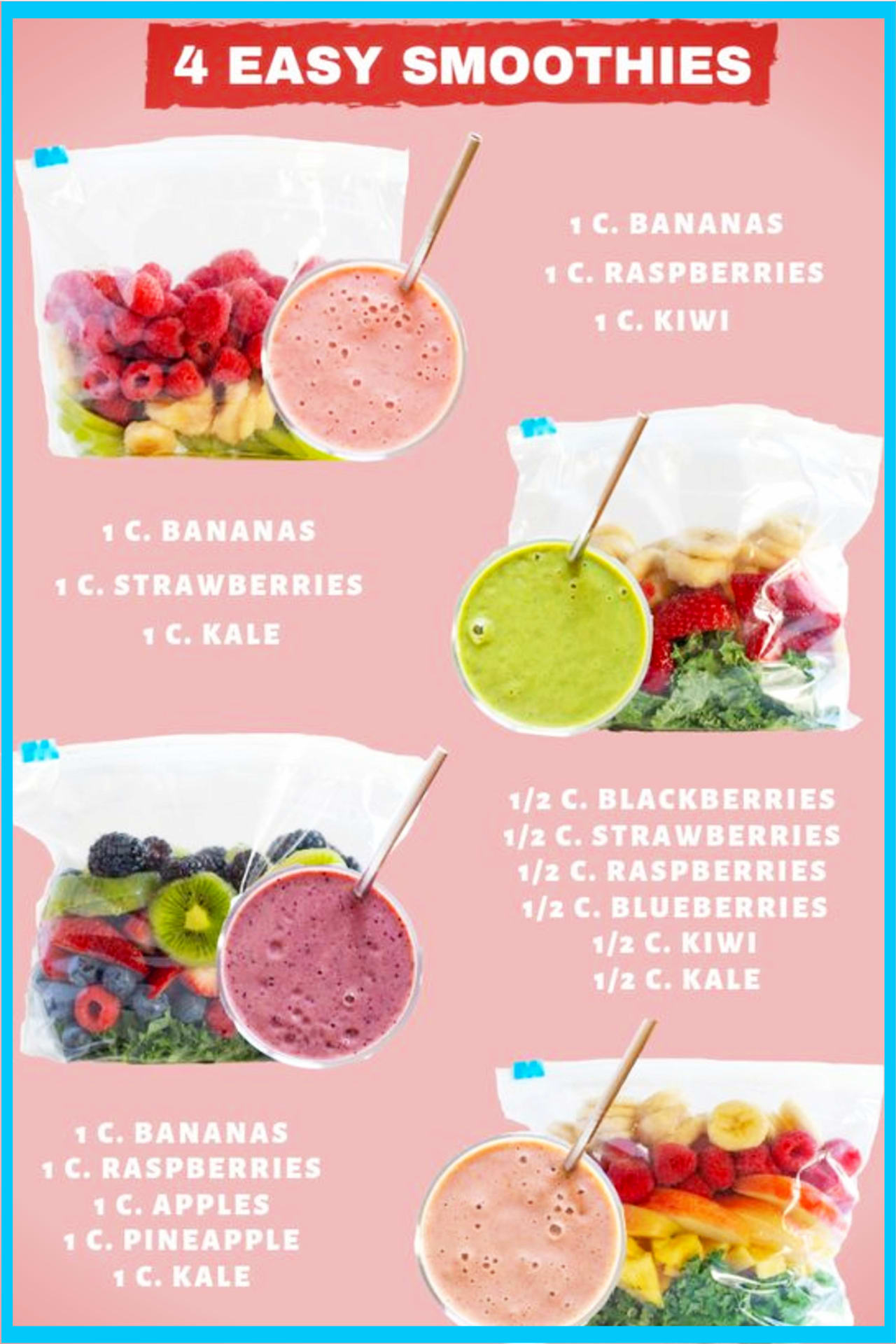 Easy make ahead frozen fruit smoothies recipes - wondering how many cups of fruit in a smoothie?  These 4 make ahead frozen fruit smoothies recipes answer that and go from Ziploc baggie in the freezer to your blender FAST - such an easy and healthy breakfast idea for breakfast on the go!