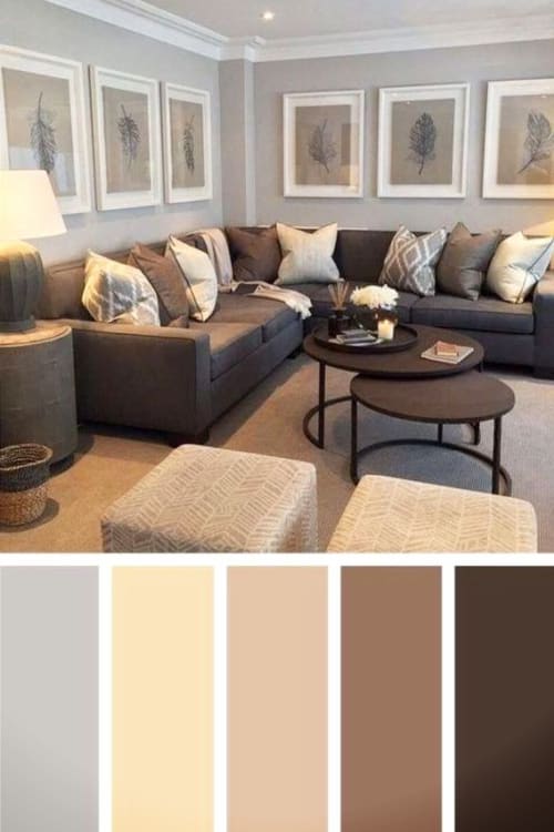 Cozy living room ideas we love - create a comfy living room or family room with greige paint colors and warm accent colors - perfect with a brown couch!