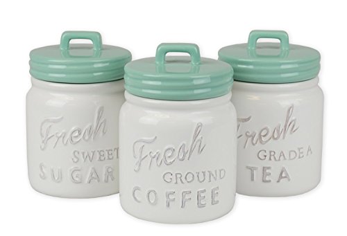 DII 3 - Pieces Vintage, Retro, Farmhouse Chic, Mason Jar Inspired Ceramic Kitchen Canister With Airtight Lid For Food Storage, Store Coffee, Sugar, Tea, Spices and More - Aqua