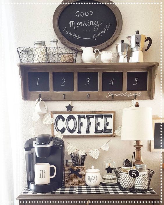 rustic farmhouse coffee bar set up - love the decorating of this kitchen coffee bar