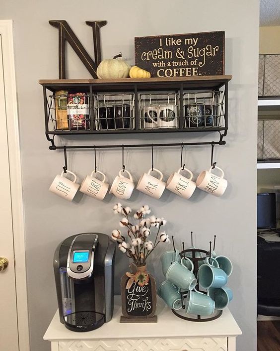Kitchen coffee bar idea - great small coffee bar set up on kitchen wall
