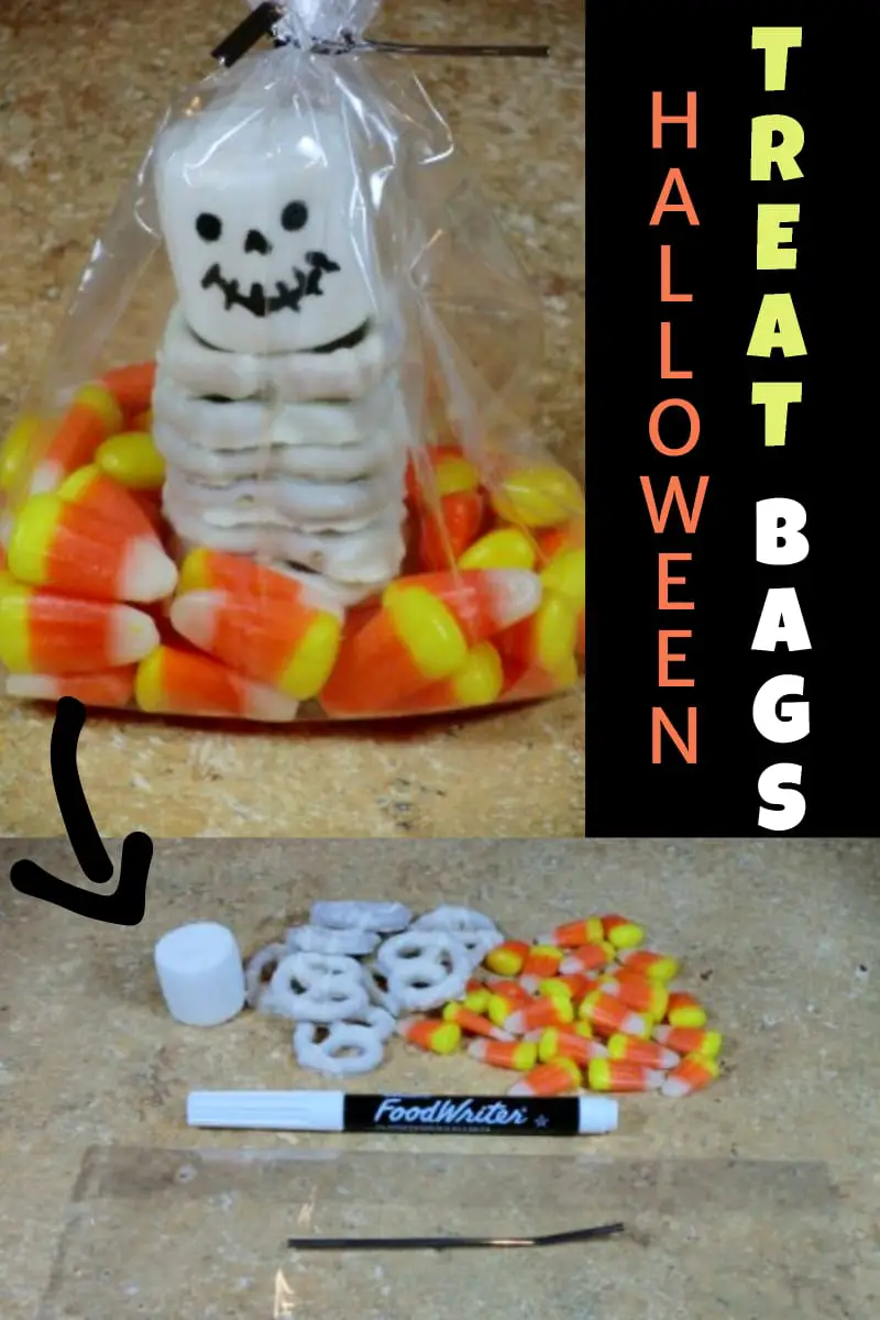 Halloween treat bags for school - easy DIY classroom treat - this homemade ghost goody bag has marshmallow, pretzels and candy corn