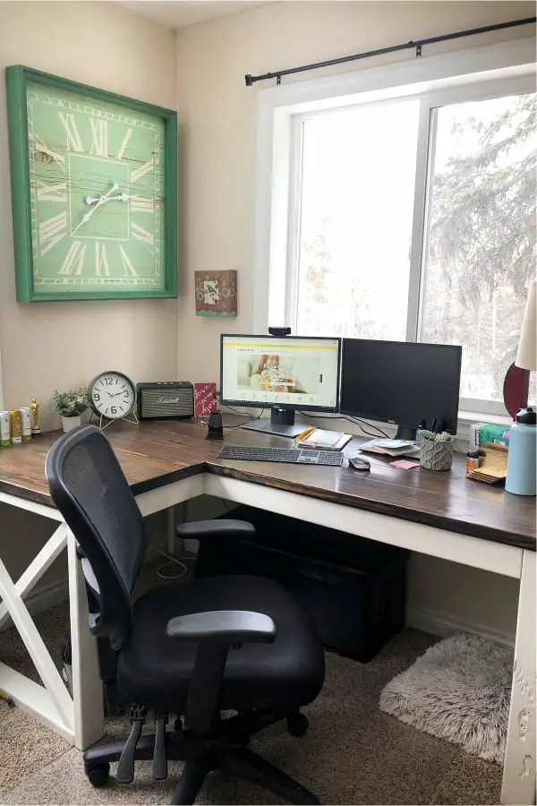 Small Home Office Ideas in Bedroom for a small bedroom office combo ideas on a budget - l-shaped desk under window in small office bedroom combo