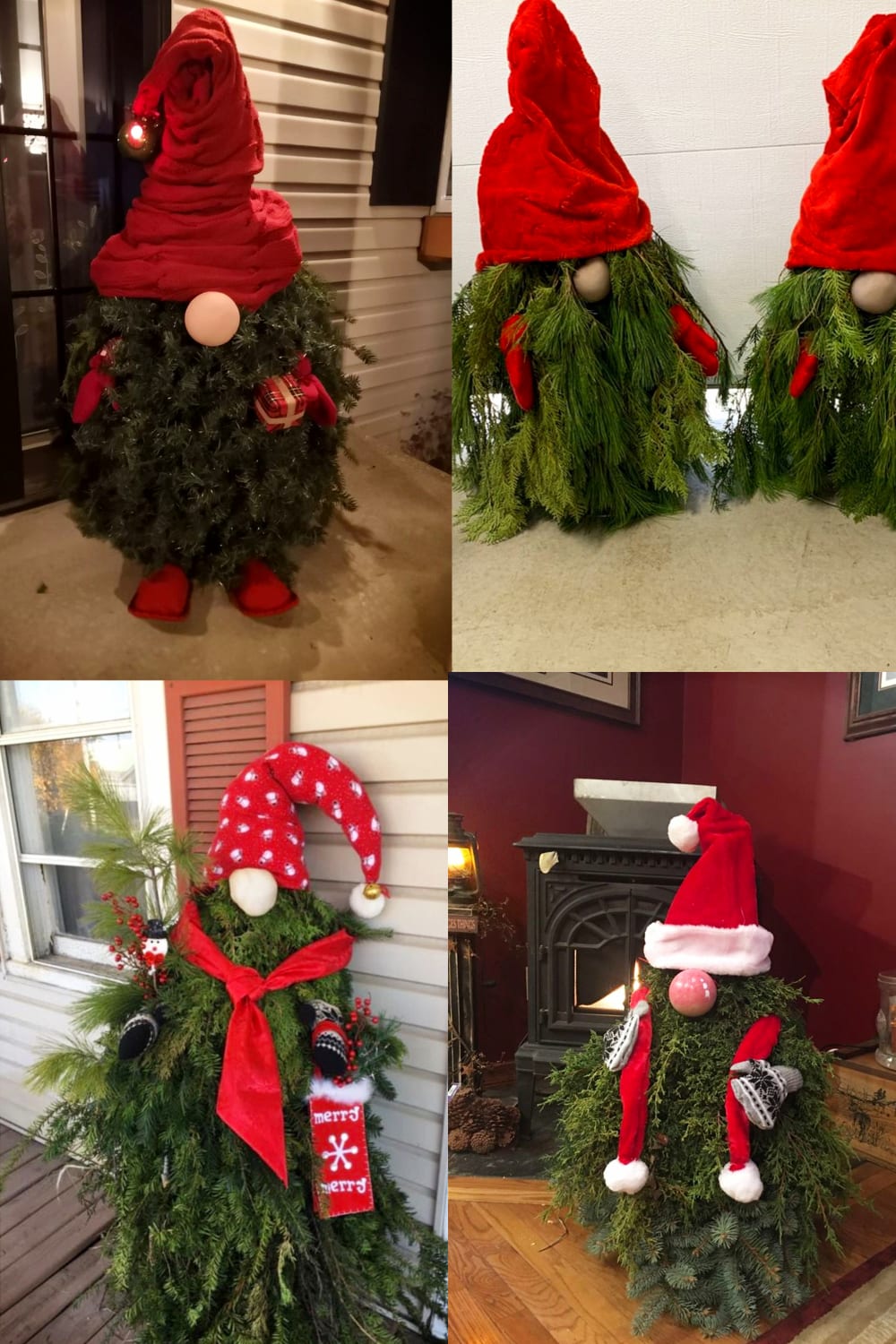 Christmas crafts for adults-simple Christmas craft ideas for adults to make - like these gnome trees! These DIY gnomes look like Christmas trees made with evergreen branches, a tomato cage and a potato nose