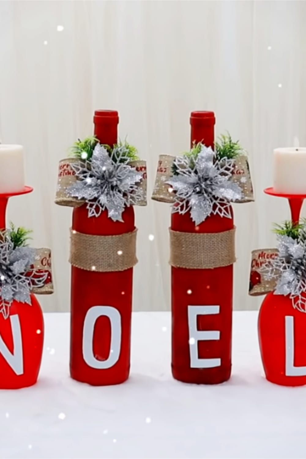 Christmas crafts for adults-simple Christmas craft ideas for adults to make - like these DIY Noel Christmas candle holders made from wine glasses and empty wine bottles