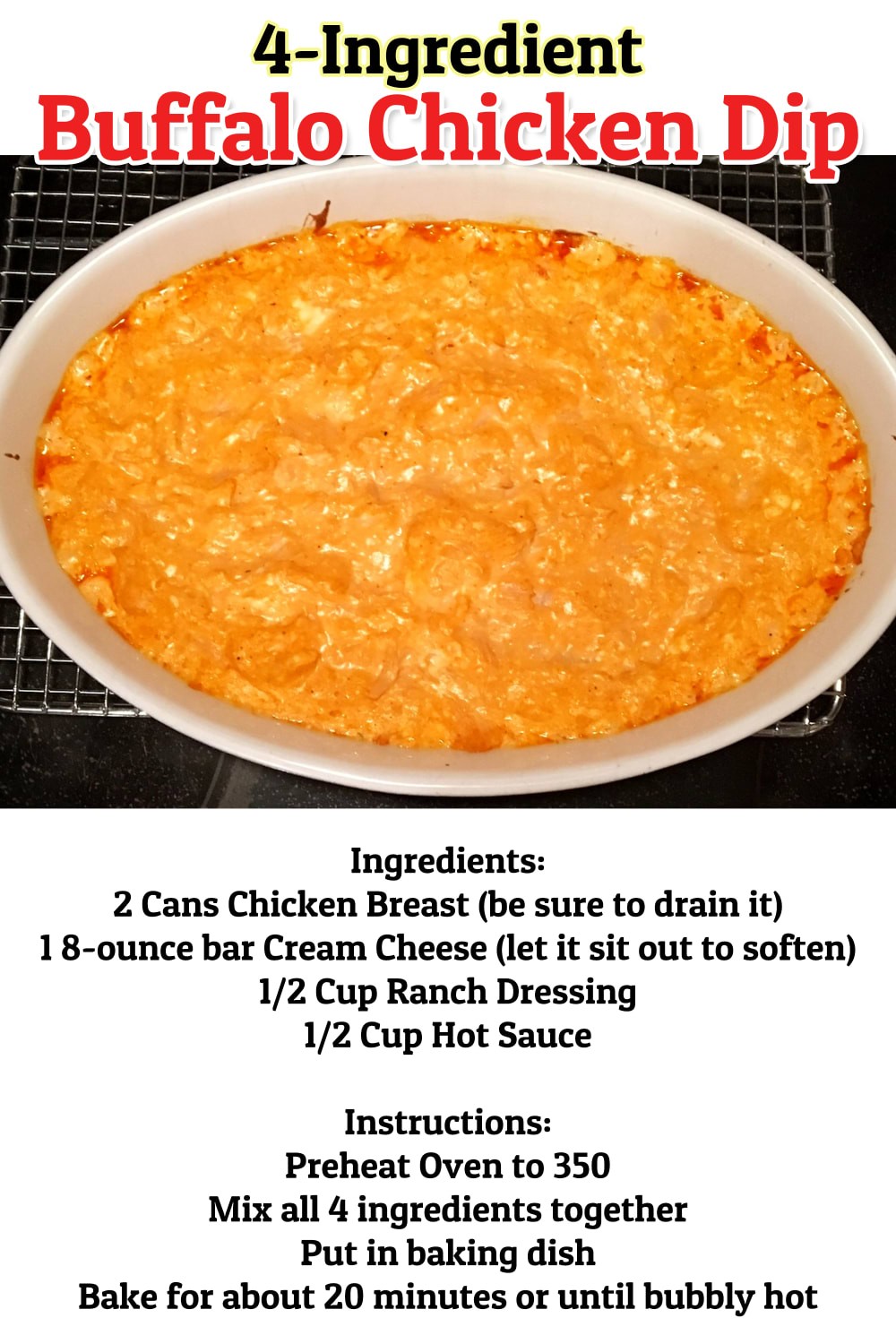 Easy Party Food for a Crowd - this 4-ingredient Buffalo Chicken dip can be baked in the oven or as a Dump and Go make ahead crock pot slow cooker appetizer - Buffalo Chicken Dip Recipe