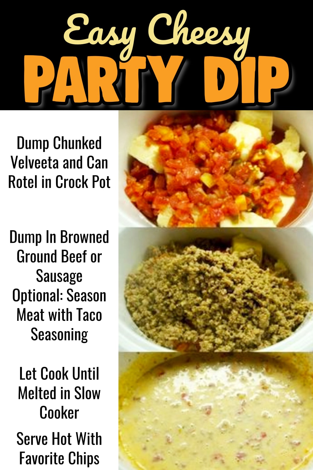 Block Party Food Ideas - Best appetizers to bring to a neighborhood block party and simple make ahead party food for a crowd. My recipe for an EASY party dip with Velveeta cheese, ground beef or ground sausage and canned Rotel cooked in my crock pot slow cooker - definite crowd-pleaser