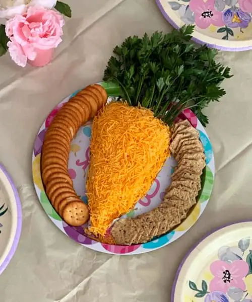 Easter service potluck ideas for church - cute cheese ball shaped like a carrot with crackers