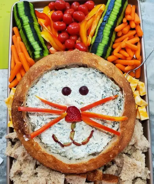 Easter Potluck Party Platter Snack Tray Shaped like an Easter Bunny - veggies, cheese and dip inside a bread bowl made for my Easter potluck at church