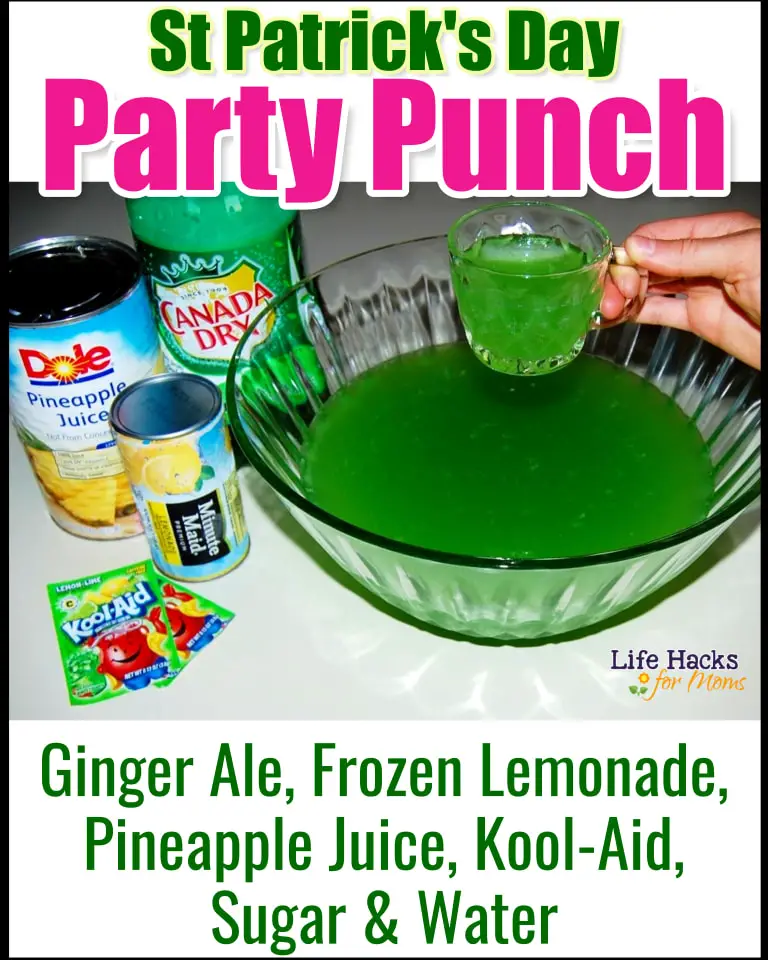 Green Punch Recipe for a St Patrick's Day potluck or party - easy green party punch with kool aid, pineapple juice, frozen lemonade, ginger ale, sugar and water