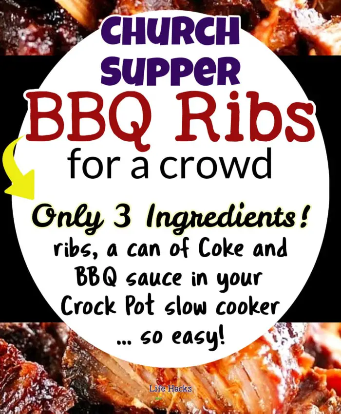 Need church supper or potluck main dish ideas for 100 or bigger large group? These easy 3-ingredient BBQ ribs are cooked in your slow cooker Crock pot and are the perfect make ahead meat dish for a dinner at church or even a potluck at work.