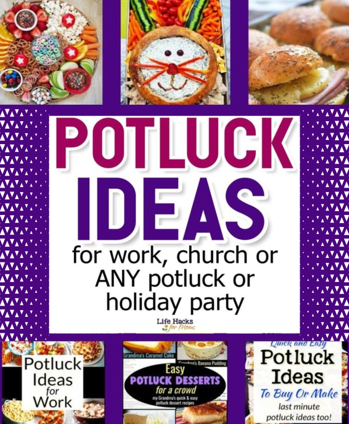 Potluck ideas for work, church or any holiday party or covered dish luncheon. Appetizers, finger foods, brunch and breakfast potluck ideas - main dish ideas, sides and easy desserts for Mother's Day, Father's Day, 4th of July block party summer cookout party, Fall, Halloween, Thanksgiving, Christmas, New years, St Patrick's Day, Easter and More. Best potluck ideas to buy, make, take or bring to a potluck. Make ahead and store bought last minute ideas too