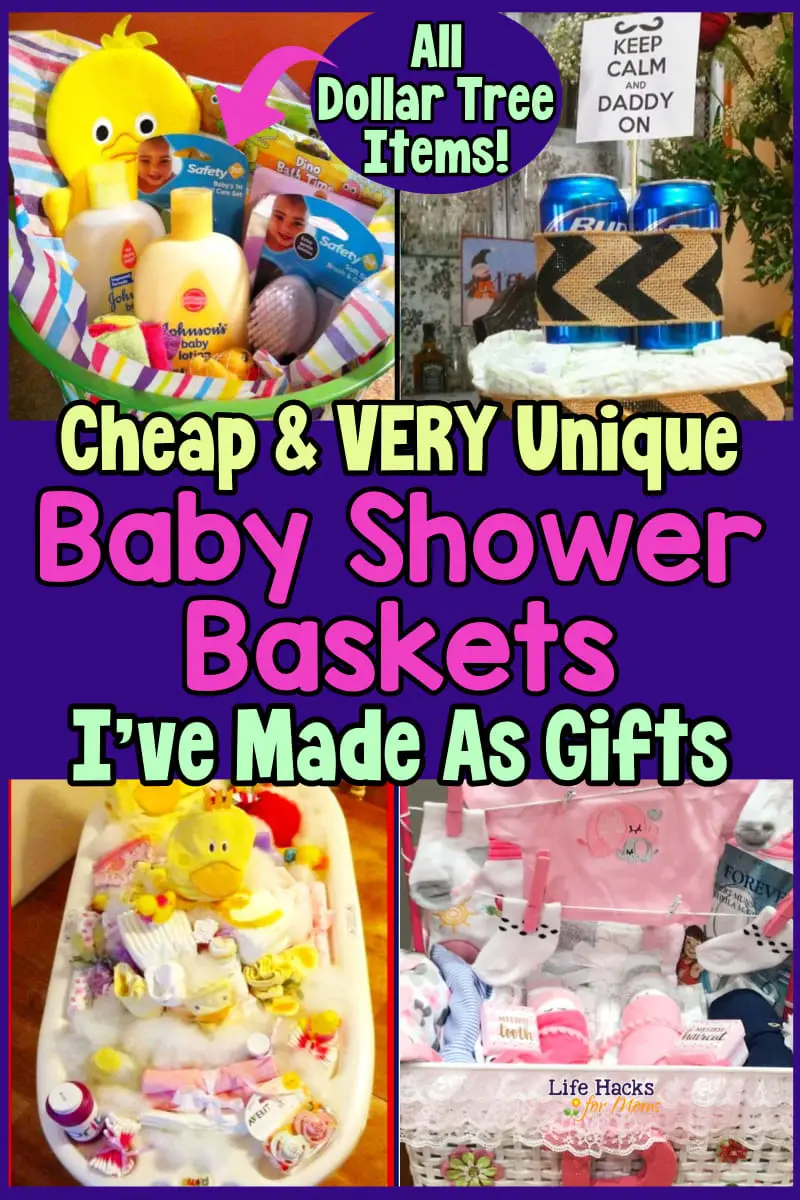 UNIQUE Baby Shower Basket Ideas For a Cheap DIY Baby Shower Gift On a Budget - unique baby shower baskets I've made with laundry baskets, hampers, diapers and cheap Dollar Tree items for an adorable baby gift basket for both girls AND boys - and gender neutral too. The mom to be LOVED them!