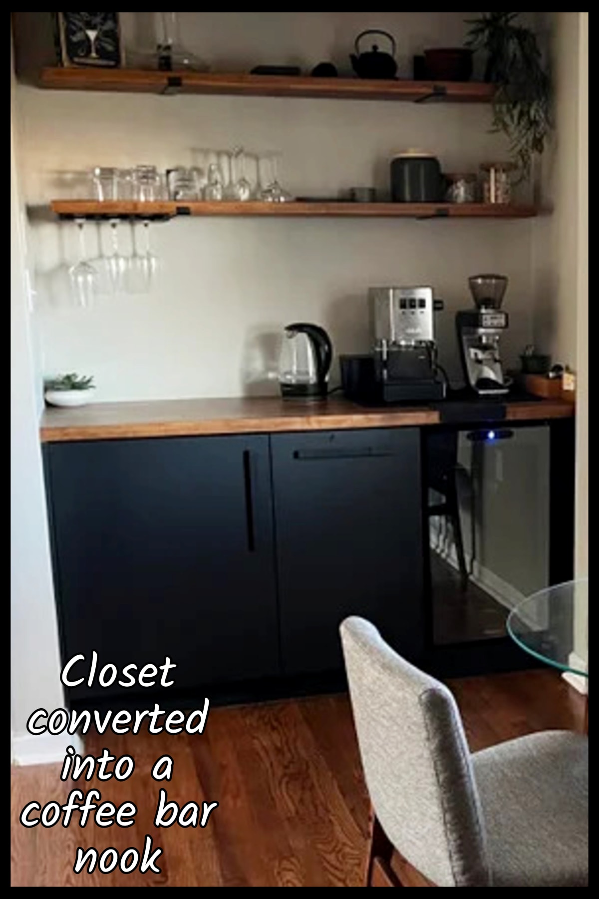closet converted into coffee bar nook in breakfast area off the small kitchen