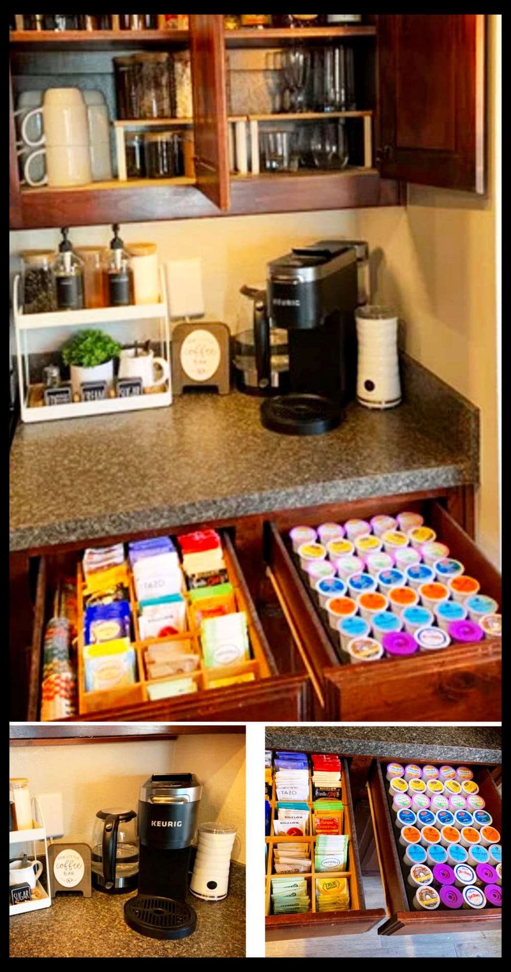simple coffee bar set up on the counter using kitchen drawers underneath to organize and store K-cups, tea bags, hot cocoa packs etc - so organized and functional without taking up to much counter space in this small kitchen
