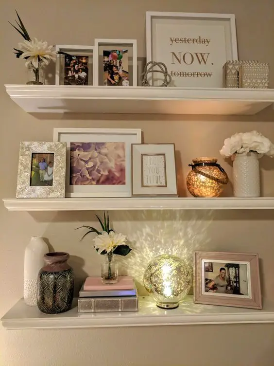 Shelves with Photos-Picture and Shelf Arrangements on Walls in master bedroom