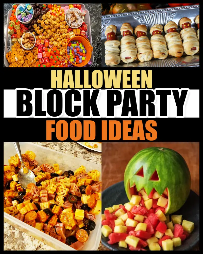 block party food ideas Halloween cheap party platters and last minute halloween appetizers - Halloween grazing board snack and treats platter, spooky mummy hot dogs, pasta salad and buffet fruit party tray