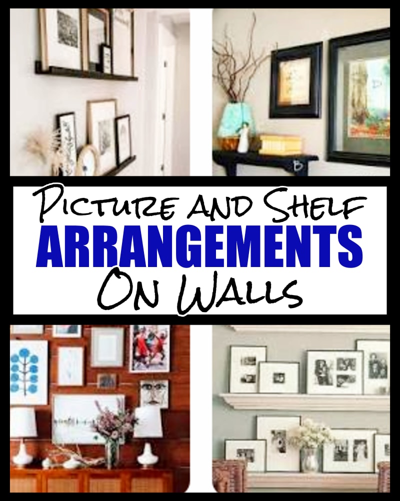 hang pictures on wall ideas - how to arrange pictures on walls with shelves - picture and shelf arrangements on walls ideas examples and tips