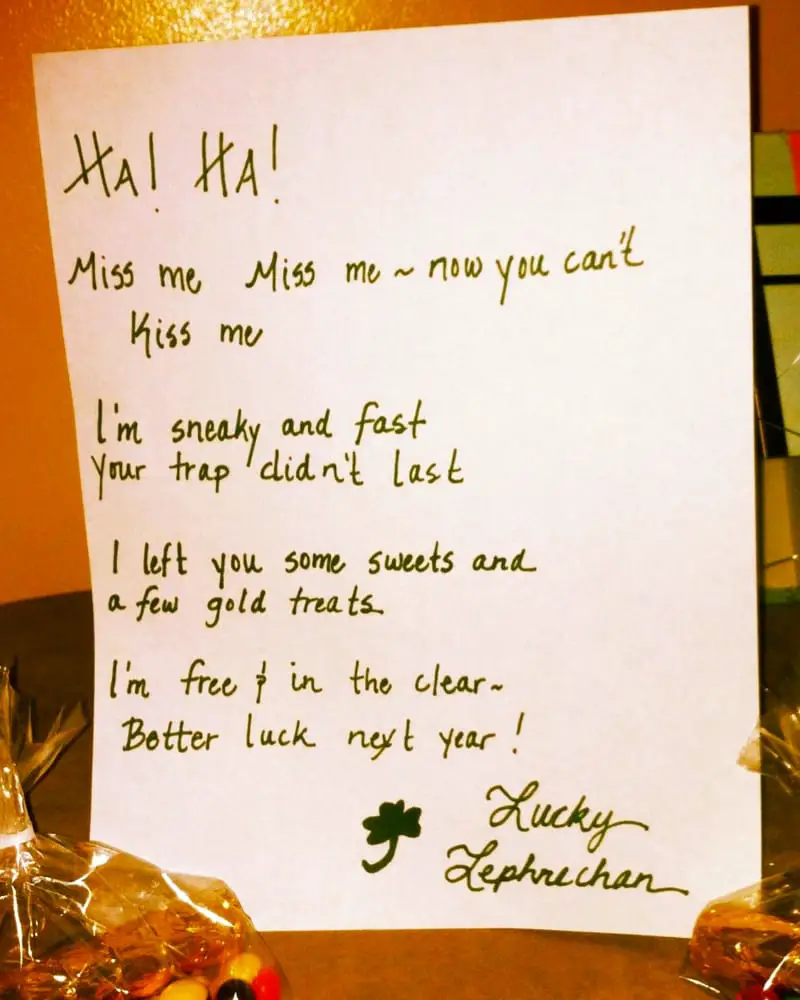 leprechaun trap ideas - if your leprechaun trap box did NOT work, here's a note to leave