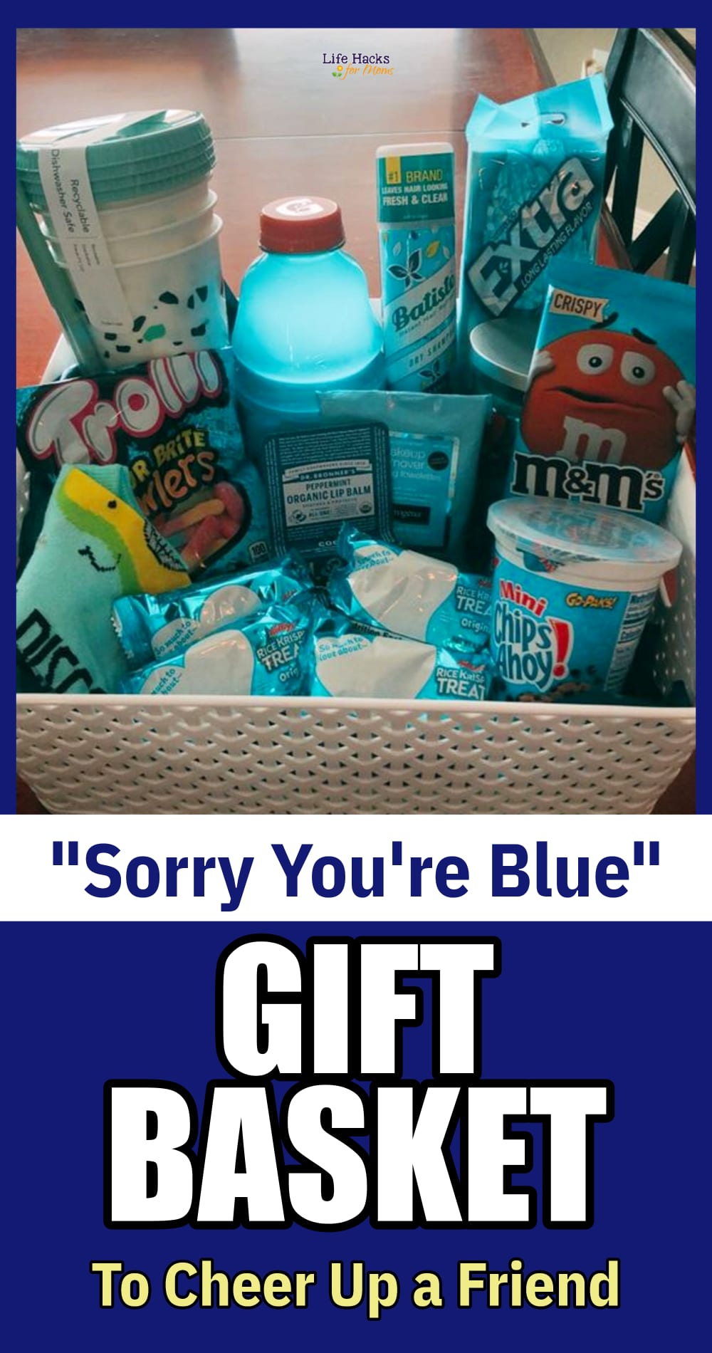 Sorry you're blue color-themed gift basket to cheer up a friend