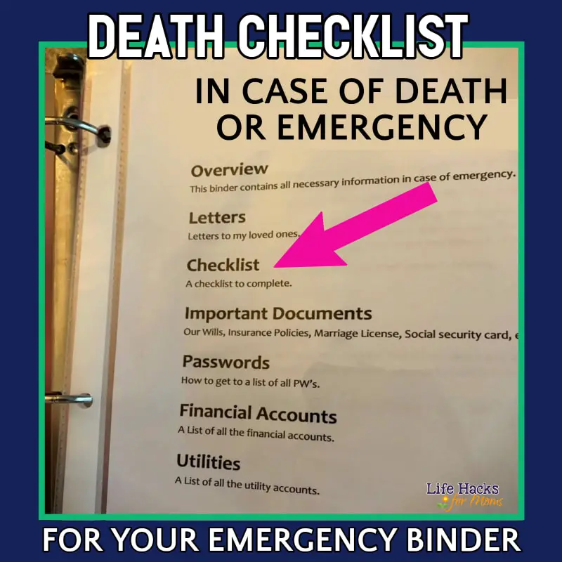 Death checklist for in case of emergency binder (ICE) or In case of Death Organizer - DIY binder for important documents and end of life planning