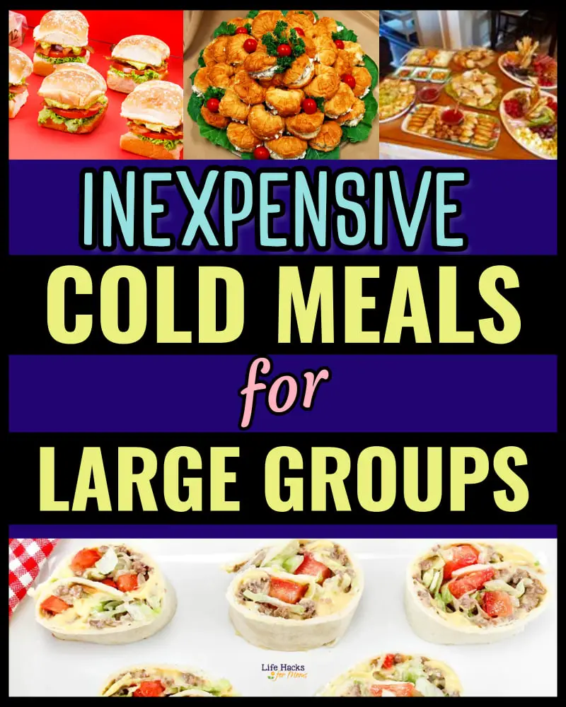 inexpensive cold meals for large groups - cheap and easy food, meals and snacks for a crowd - no cook, no bake, no oven microwave or refrigerator for potluck at work, lunch, party crowd, block party, church potluck or any special event when needing party food on a budget