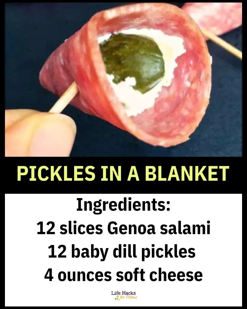 toothpick appetizers - cold pickles in a blanket with salami and cream cheese