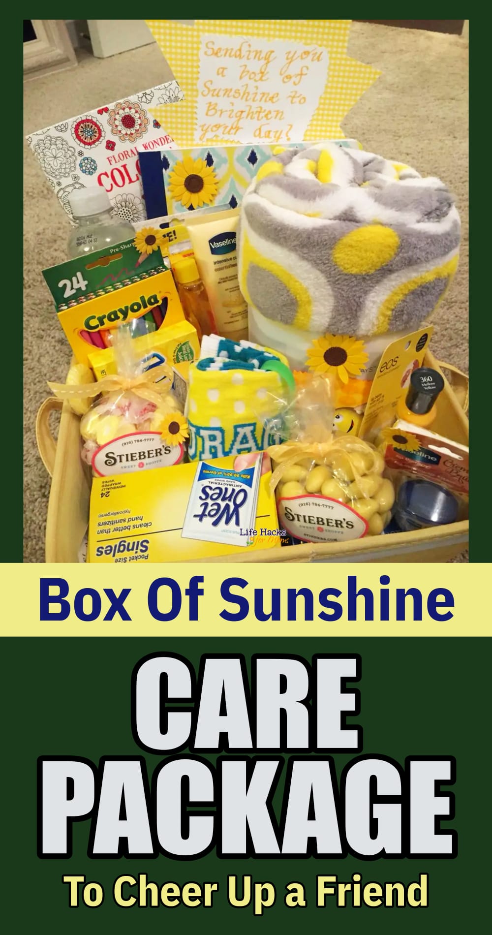 yellow care package - box of sunshine gift basket to cheer up a friend or as a homemade sympathy gift basket