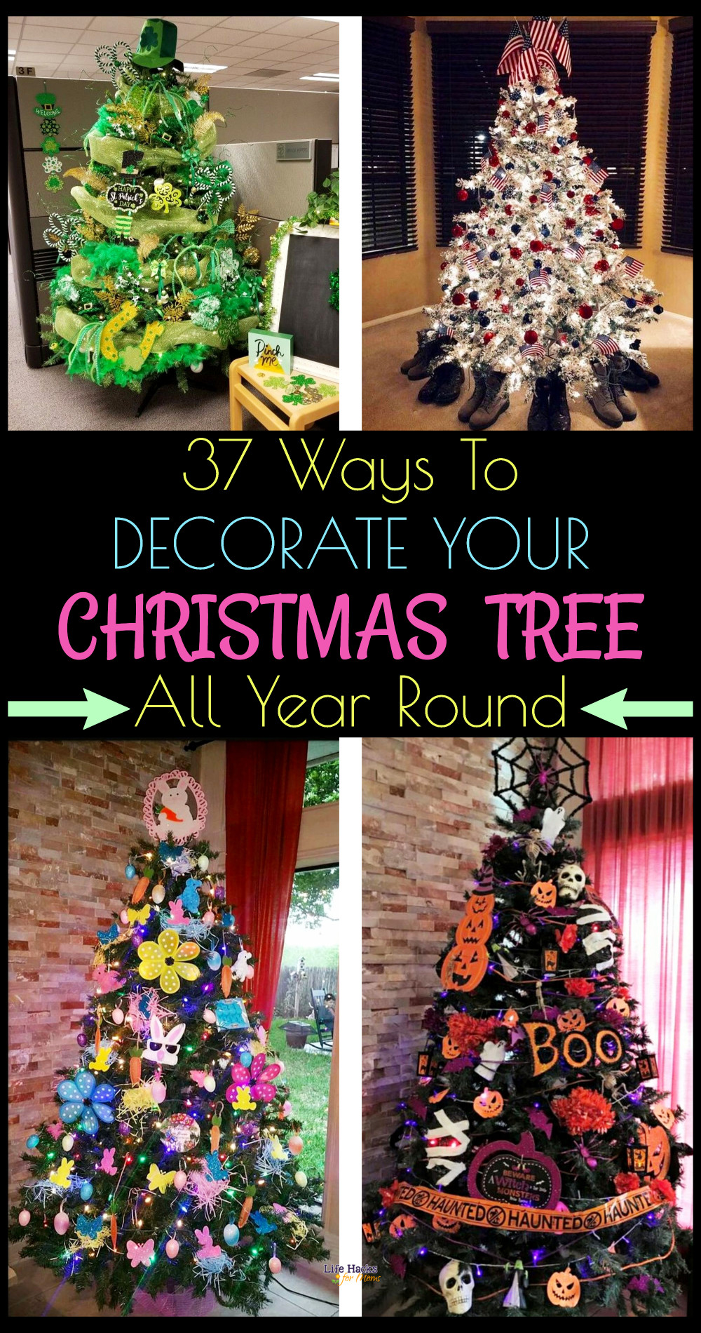 Monthly Christmas Tree Ideas To enjoy your Christmas tree all year round - Unique Seasonal Year Round Christmas Tree Ideas - Unique ways to decorate your fake artificial Christmas tree all year long - Halloween trees, Fall & Thanksgiving Christmas trees, Easter trees, birthday trees, mothers day trees, New Years Christmas tree ideas and more ways to display and decorate for all holidays, celebration party themes and special occasions