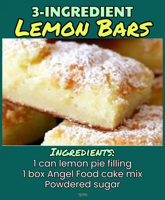 Lemon desserts with cake mix - 3 ingredient lemon dessert bars uses boxed angel food cake mix, lemon pie filling and powdered sugar - easy to make last minute or make ahead for a party crowd, potluck at work, family reunion, funeral dessert, church supper or diner or any large group Holiday party