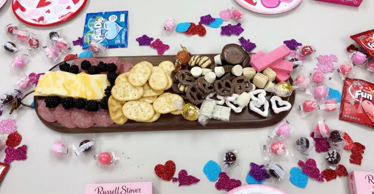 cheap homemade party food platter and inexpenive snacks for a large group at a Valentines Day potluck at work, church brunch