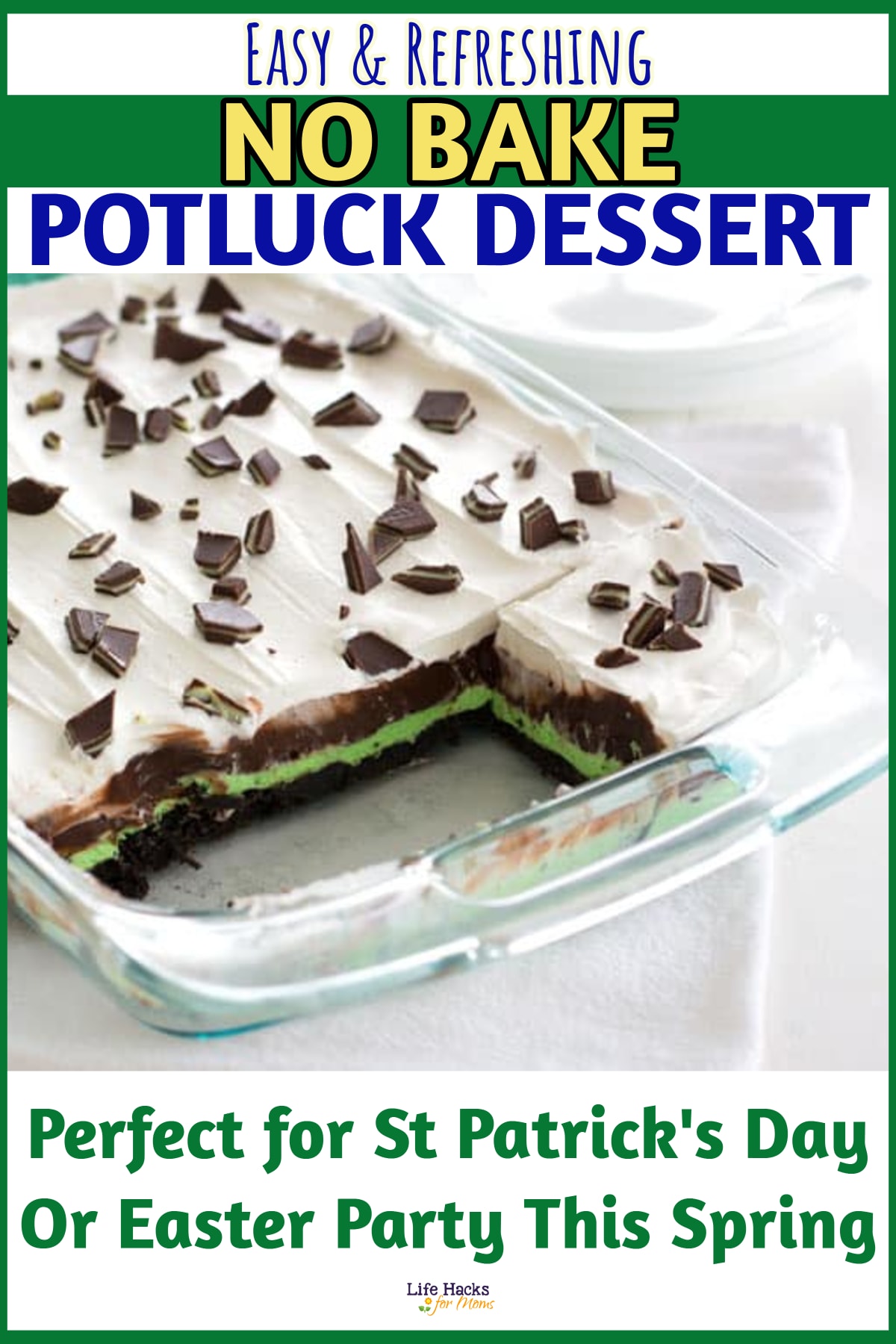 This no bake potluck dessert recipe is so easy and so REFRESHING - perfect for a spring or summer party. I make it for our St Patrick's Day party at work and Wednesday night supper at church. Chocolate, mint and cool whip - so simple!