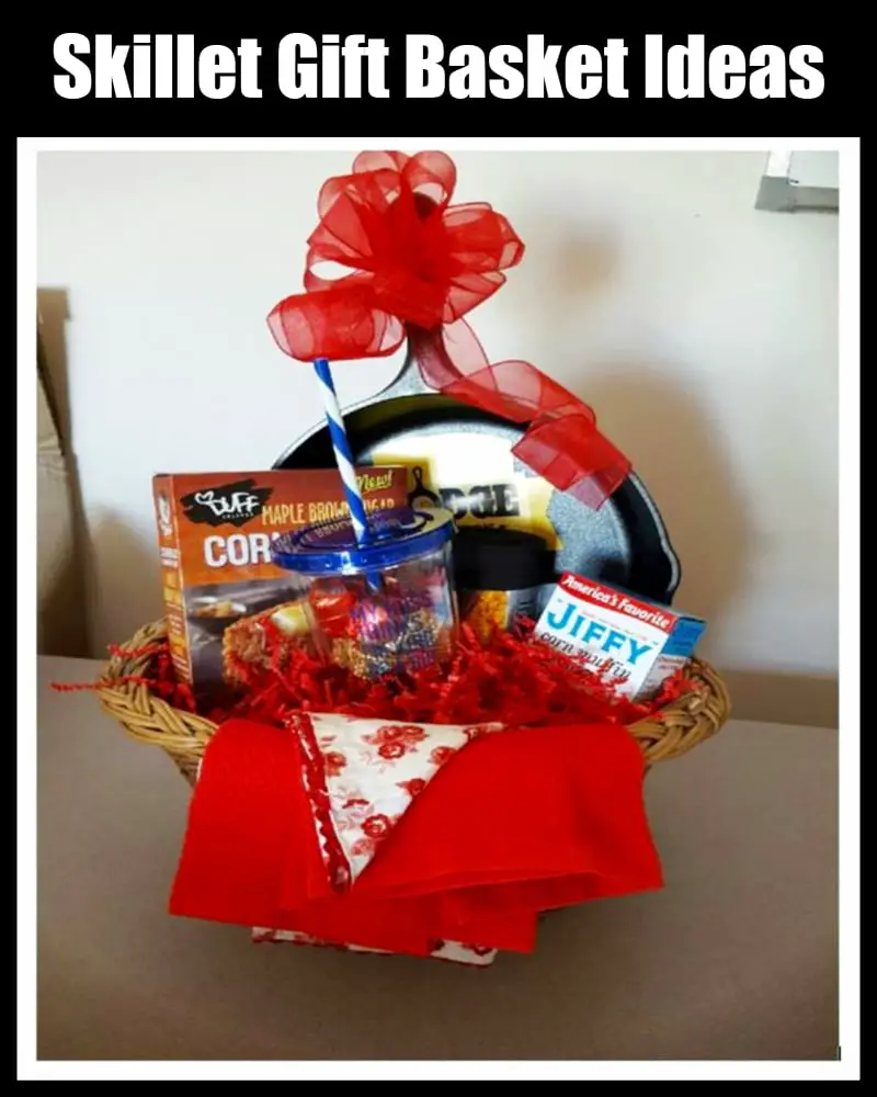 Skillet gift basket ideas - wrap a cast iron skillet and make a cheap homemade gift basket on a budget for housewarming, wedding gifts, bridal showers, Christmas gifts and more