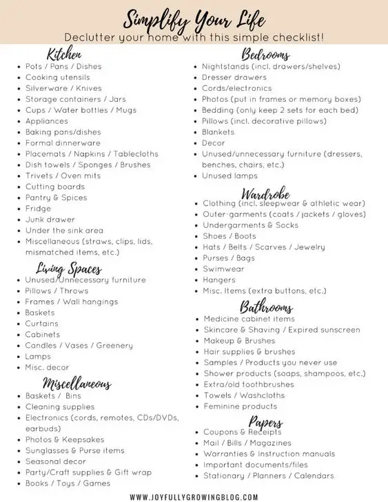 decluttering checklist for getting organized at home and getting rid of clutter