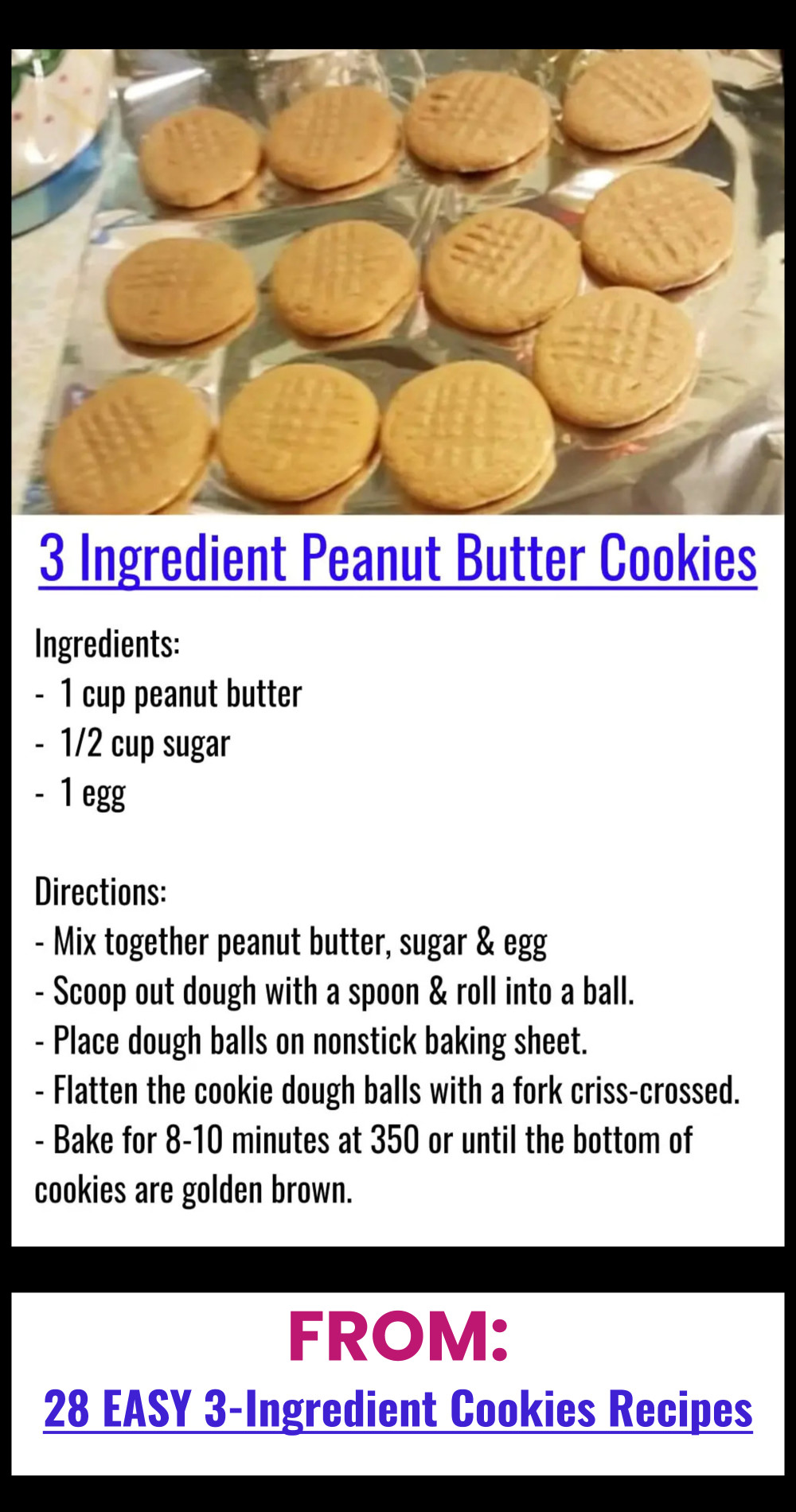 3 ingredient peanut butter cookies from 28 EASY 3-ingredient cookie recipes - NO BAKE cookie recipe variations too