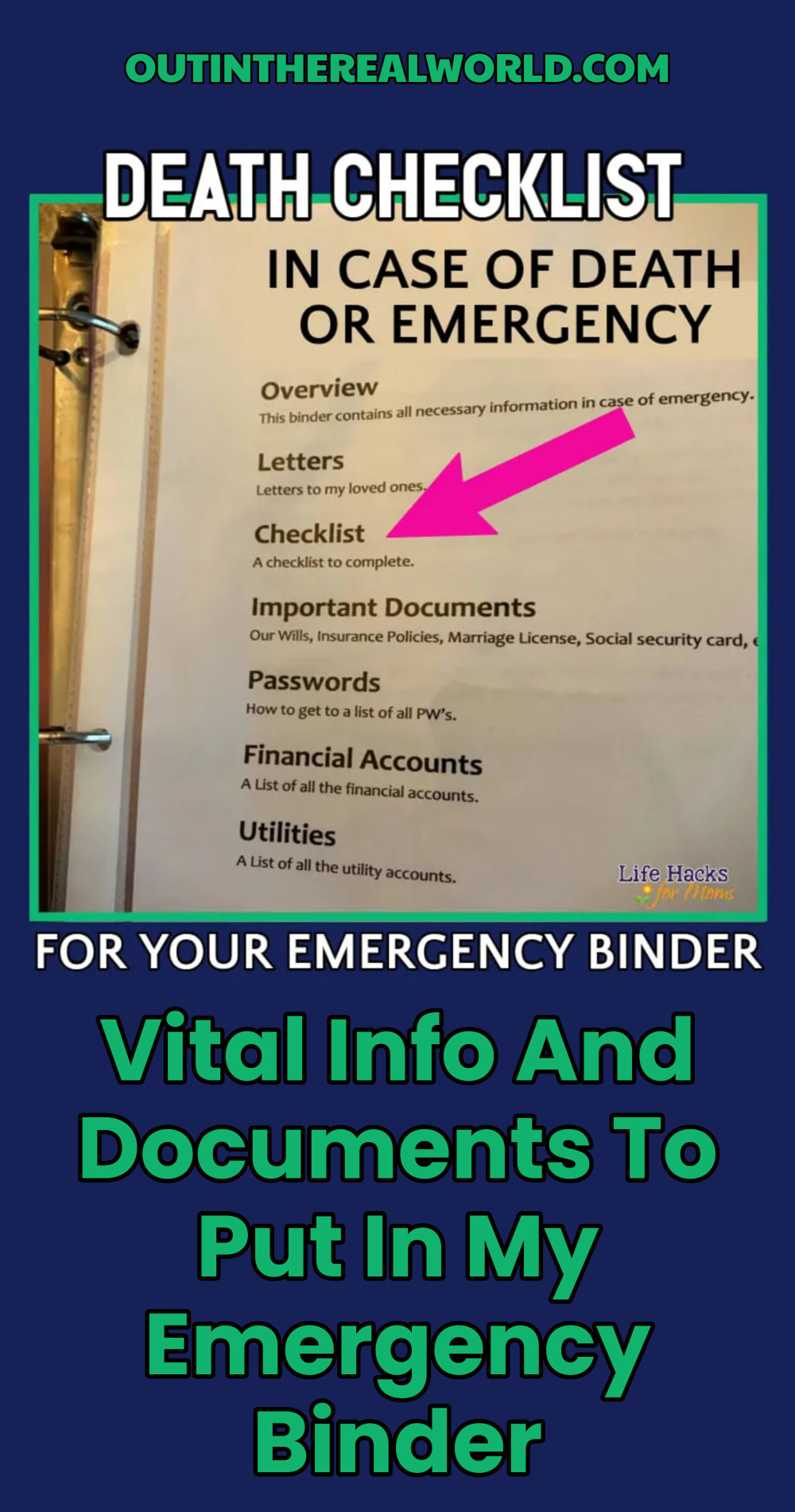 Emergency Binder Checklist - Vital info and important documents to include in my Emergency Binder