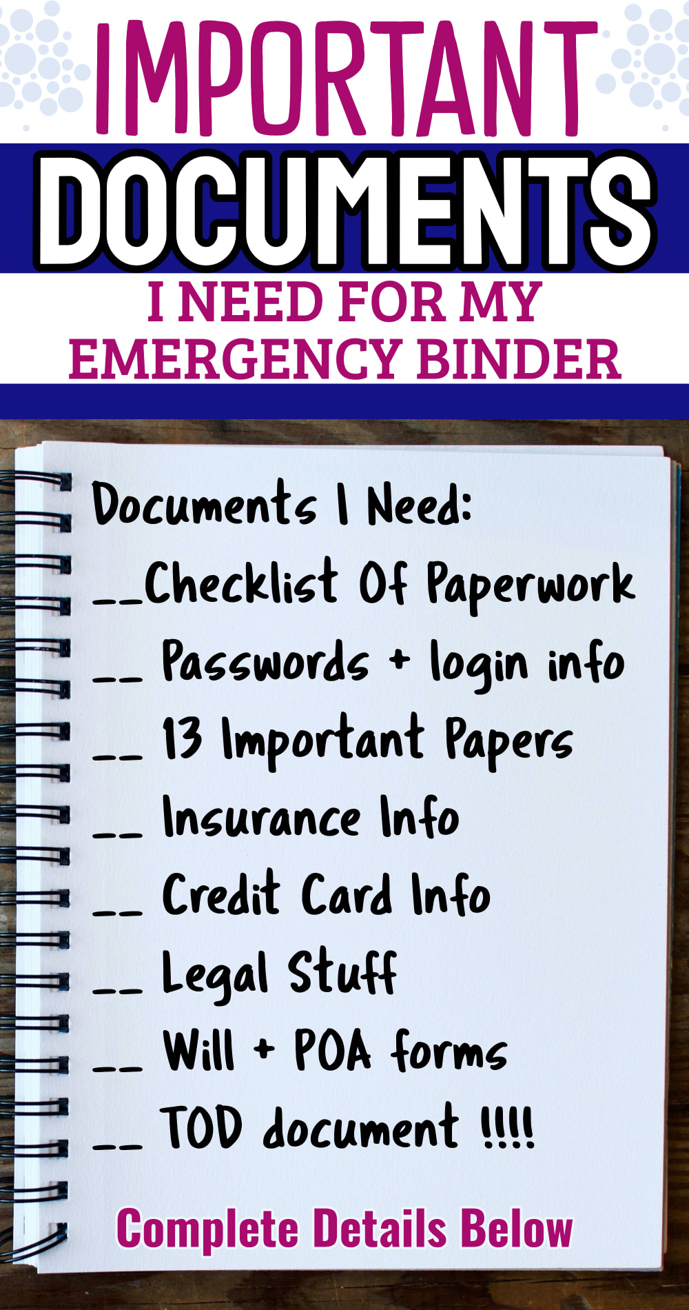 important documents binder paperwork list