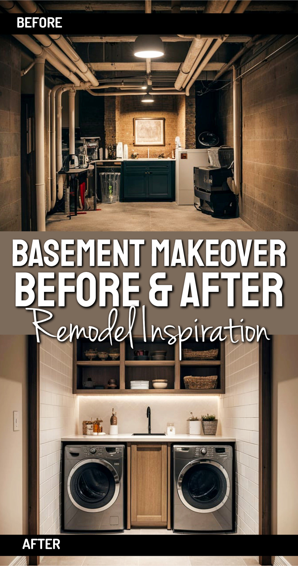 Turn Basement Into laundry nook area with shelves sink and storage