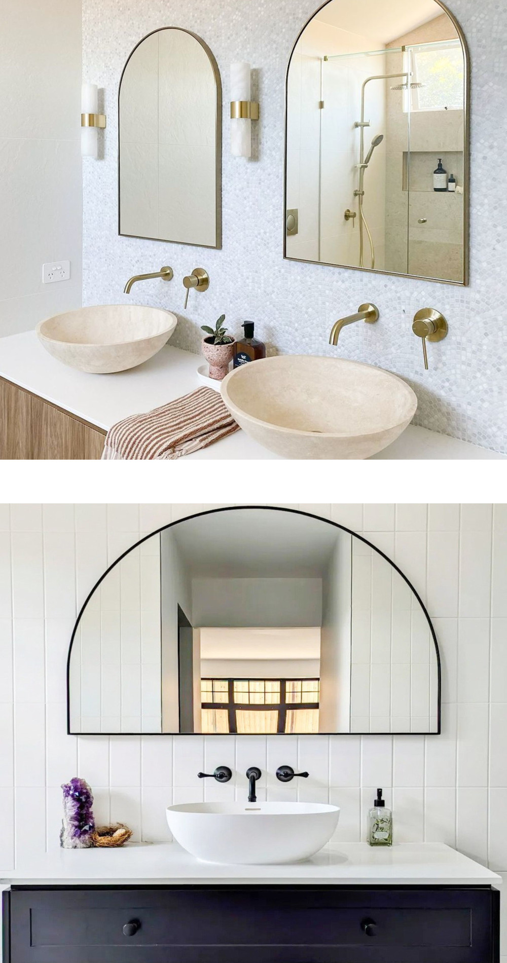 arched mirrors on wall in bathroom with bowl sinks