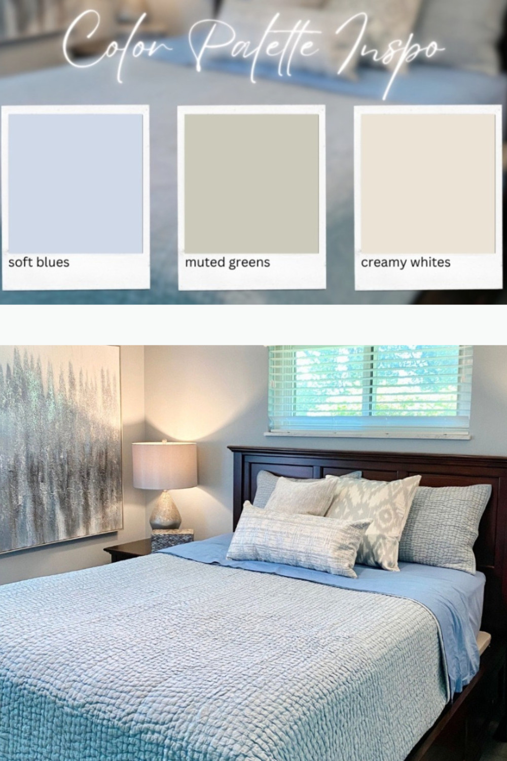 Calming bedroom color palette color schemes for a relaxing cozy bedroom, en suite, guest room or primary bedroom