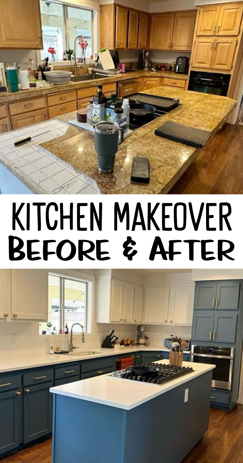Kitchen Makeover Before and After Painted Cabinets Two Tone Blue and White, quartz countertops, white tile backsplash and new cabinet hardware