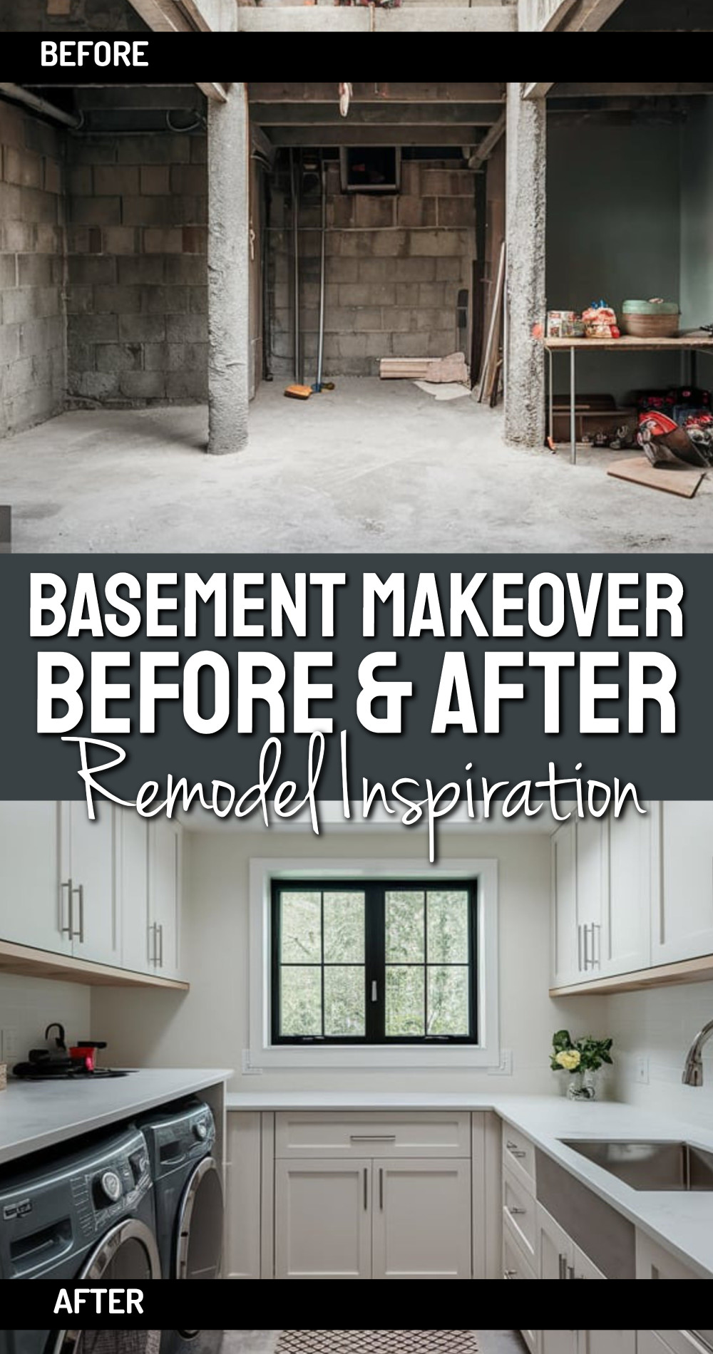 Turn Basement Into laundry room with cabinets counter and sink