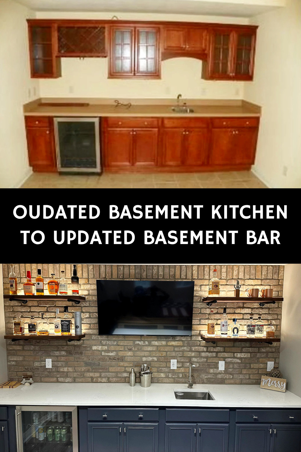 outdated basement kitchenette area turned into a beautiful basement bar space