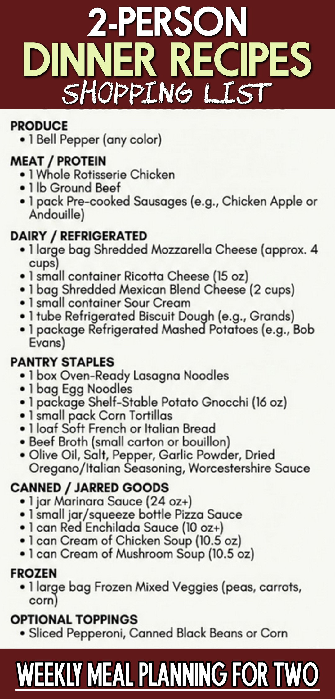 meals for two shopping list